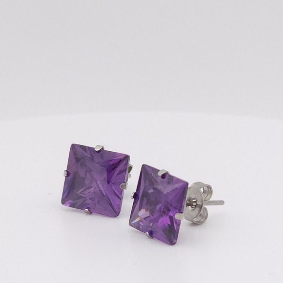 Silver 10mm Square CZ Amethyst Purple Stud Earrings – NEW - Picture 7 of 16